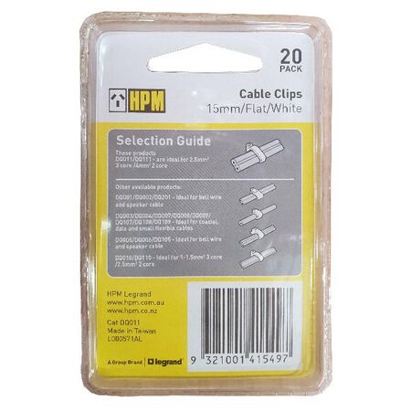 HPM Flat Type Cable Clips 15mm White - 20 Pack