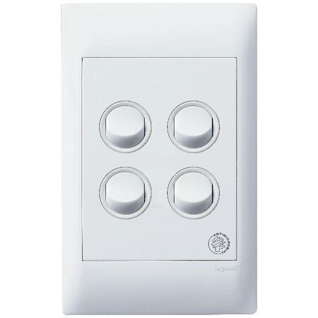 Excel Life - Medical - Common plate - Vertical rocker switch - Single Pole Double Throw - antimicrobial & chemical resistant 4 gang 16AX 240V a.c. white