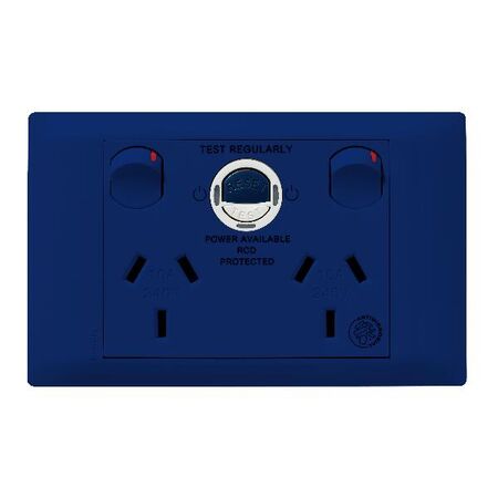 Excel Life - Medical - Common plate - Horizontal RCD protected double powerpoint - with power available & supplied LEDs - RCD protected engraved - antimicrobial & chemical resistant 2 gang 10A 240V a.c. RCD 10mA blue