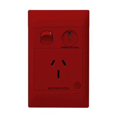 Excel Life - Medical - Common plate - Vertical single powerpoint - RCD protected engraved - antimicrobial & chemical resistant 1 gang 15A 240V a.c. with LED power available red