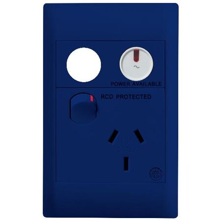 Excel Life - Medical - Common plate - Vertical single powerpoint - RCD protected engraved - antimicrobial & chemical resistant 1 gang 10A 240V a.c. with LED power available & circuit ID blue