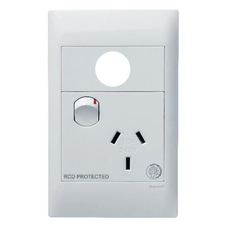 Excel Life - Medical - Common plate - Vertical single powerpoint - RCD protected engraved - antimicrobial & chemical resistant 1 gang 10A 240V a.c. with extra function hole white