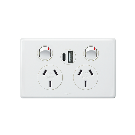 Excel Life 10A Double Powerpoint with Integrated USB Type A+C Chargers Gloss White