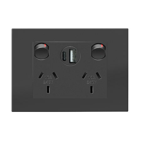 HPM VIVO 10A Double Powerpoint with Integrated Type A+C 2.4A USB Chargers Dark Grey