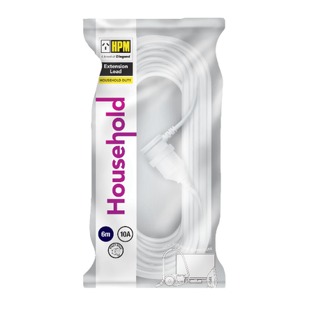 HPM Household 10A 3 Core 1.0mm² Piggyback Extension Lead 6m White