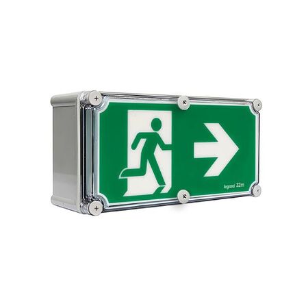 Weatherproof 32m LED Exit sign - single sided running man right with lithium battery