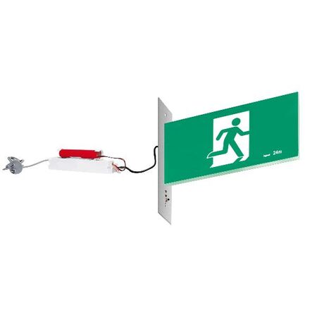 E3 LED Exit Sign - Recessed with remote gear and lithium battery - Stainless steel wall plate on the left - Double Sided - Running man straight - Galaxy