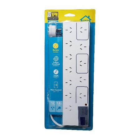 HPM General Purpose 12 Outlet 175J Surge Protected Powerboard White