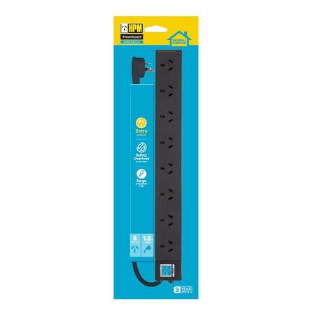 HPM General Purpose 8 Outlet 175J Surge Protected Powerboard Black