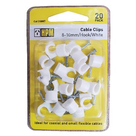 HPM Hook Type Cable Clips 8-10mm White - 20 Pack