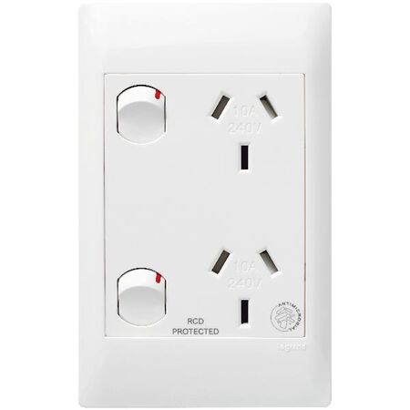 Excel Life - Medical - Common plate - Vertical double powerpoint - RCD protected engraved - antimicrobial & chemical resistant 2 gang 10A 240V a.c. white