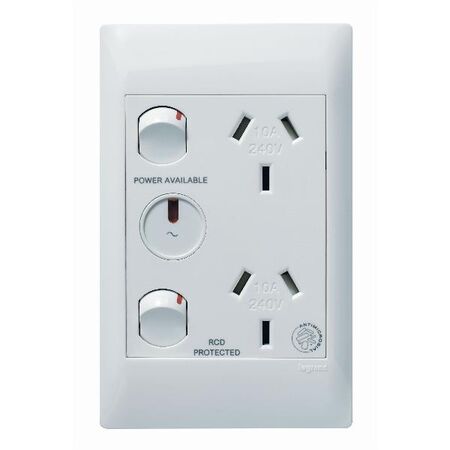 Excel Life - Medical - Common plate - Vertical double powerpoint - RCD protected engraved - antimicrobial & chemical resistant 2 gang 10A 240V a.c. with LED power available white