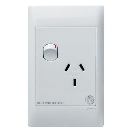 Excel Life - Medical - Common plate - Vertical single powerpoint - RCD protected engraved - antimicrobial & chemical resistant 1 gang 10A 240V a.c. White