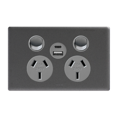 Excel Life 10A Double Powerpoint with 12W USB Type A+C Module Charger Urban Grey