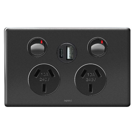 Excel Life 10A Double Powerpoint with Integrated USB Type A+C Chargers Black