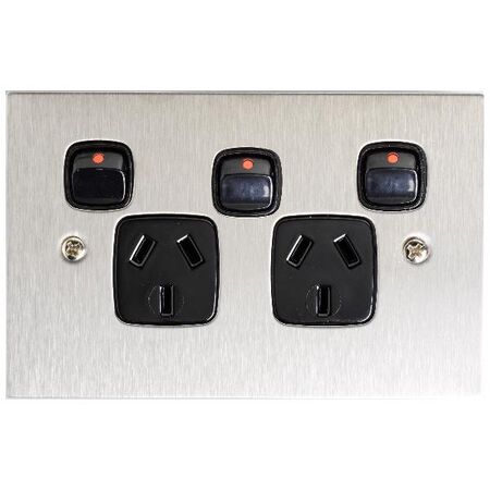 Architectural metal - Horizontal double powerpoint 2 gang 10A 240V a.c. black with extra switch stainless steel plate