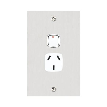 Architectural metal - Vertical single powerpoint 1 gang 10A 240V a.c. white stainless steel plate