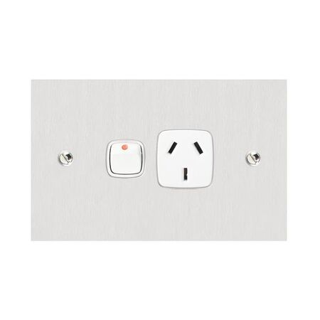 Architectural metal - Horizontal single powerpoint 1 gang 15A 240V a.c. white stainless steel plate