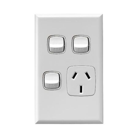 Excel - Vertical single powerpoint 1 gang 10A 240V a.c. with 2 extra switches & safety shutters white