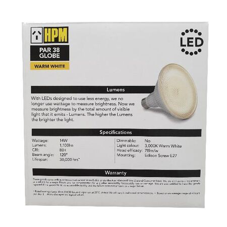 HPM PAR38 14W 1100lm LED Edison Globe Warm White