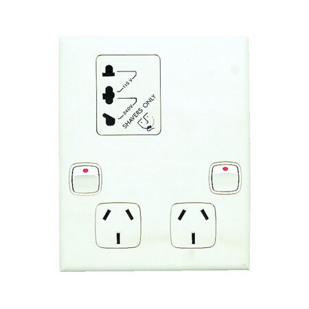 Excel - Horizontal double powerpoint with shaver outlet 2 gang 10A 240V a.c. with white
