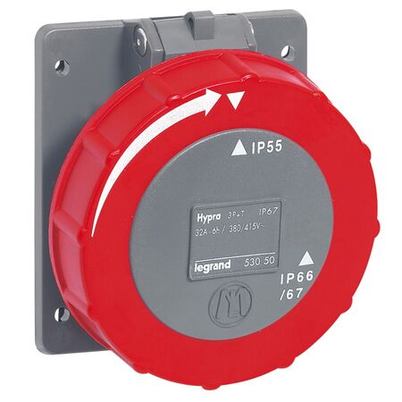 HYPRA - IEC industrial Panel mount socket fixing centre IP66/67 3P+E 415V a.c. 32A grey