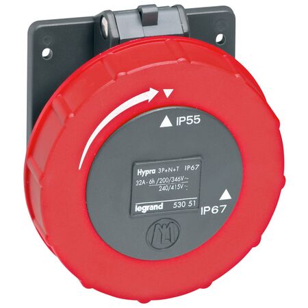 HYPRA - IEC industrial surface mount socket fixing centre IP66/67 3P+N+E 415V a.c. 32A grey