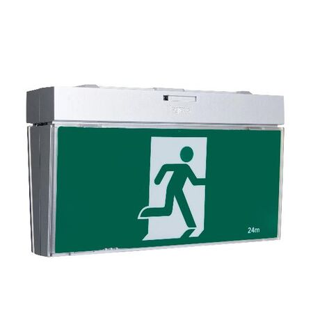 G2 LED Exit Sign complete with running man decals - silver finish with lithium battery - Galaxy