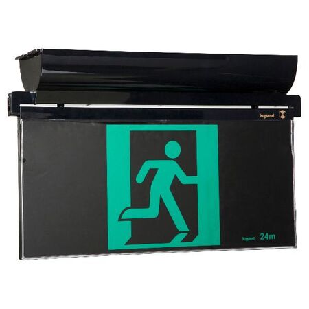 E2 LED Exit Sign complete with running man decals - black finish with lithium battery