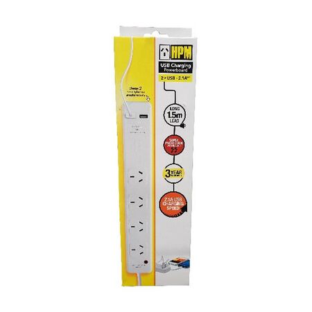 HPM 4 Outlet USB Charging Powerboard White
