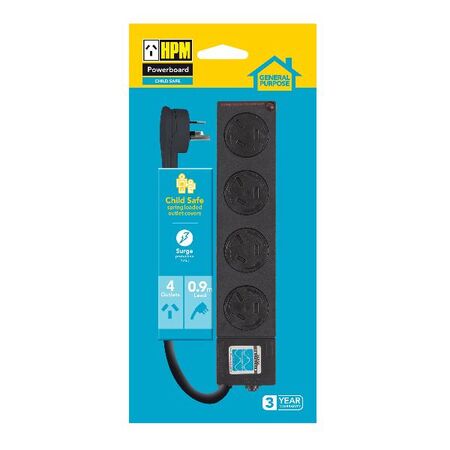 HPM General Purpose Child Safe 4 Outlet 175J Surge Protected Powerboard Black