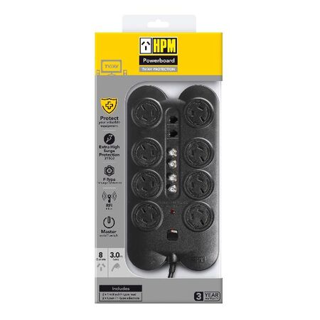 HPM TV/AV Master Switch 8 Outlet 3,150J Surge Protected Powerboard Black