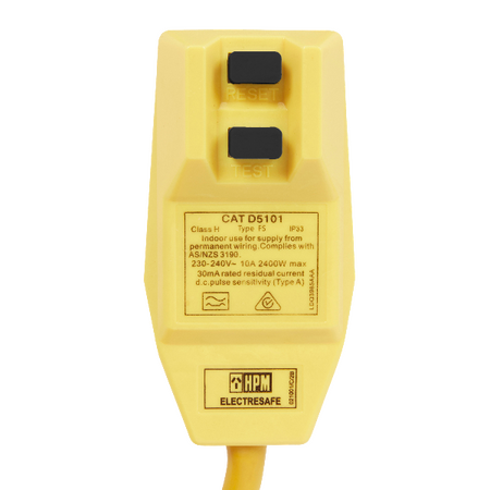 HPM Heavy Duty 10A Lead with Inline RCD Safety Switch 1.6m Yellow