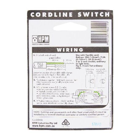 HPM Excel 10A 3 Core or Figure-8 Wiring Cordline Switch Black