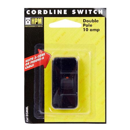 HPM Excel 10A 3 Core or Figure-8 Wiring Cordline Switch Black