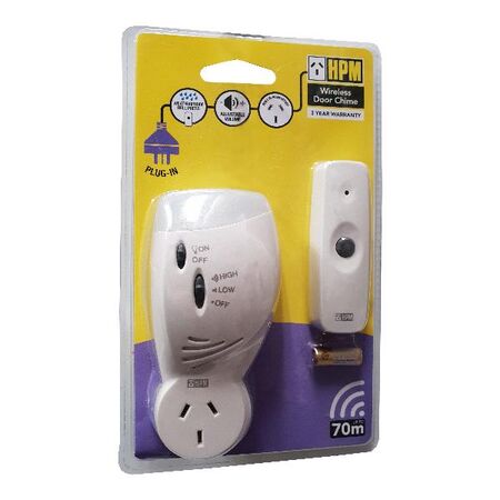 HPM Plug-In Wireless Flashing Door Chime with Piggyback Socket 70m Range White