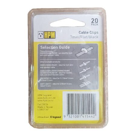 HPM Flat Type Cable Clips 7mm Black- 20 Pack