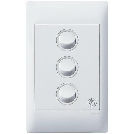 Excel Life - Medical - Common plate - Vertical rocker switch - Single Pole Double Throw - - antimicrobial & chemical resistant 3 gang 16AX 240V a.c. white