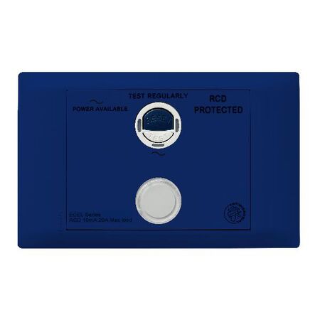 Excel Life - Medical - Common plate - Horizontal RCD plate 10mA - with power available - antimicrobial & chemical resistant RCD switch with circuit ID - blue