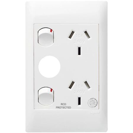 Excel Life - Medical - Common plate - Vertical double powerpoint - RCD protected engraved - antimicrobial & chemical resistant 2 gang 10A 240V a.c. with extra function hole white