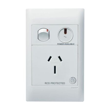 Excel Life - Medical - Common plate - Vertical single powerpoint - RCD protected engraved - antimicrobial & chemical resistant 1 gang 15A 240V a.c. with LED power available white