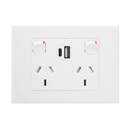 HPM VIVO 10A Double Powerpoint with Integrated Type A+C 2.4A USB Chargers White