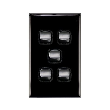 Excel - Vertical rocker switch - Single Pole Double Throw - 5 gang 2 way 10A 240V a.c. gloss black