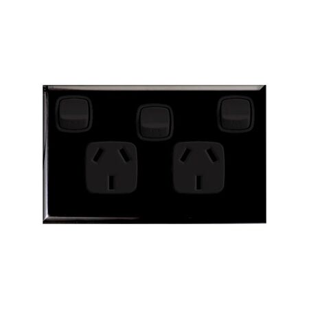 Excel - Horizontal double powerpoint 2 gang 10A 240V a.c. with extra switch & safety shutters gloss black