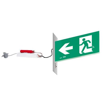 E3 LED Exit Sign - Recessed with remote gear and lithium battery - Stainless steel wall plate on the left - Single Sided - Running man left - Galaxy