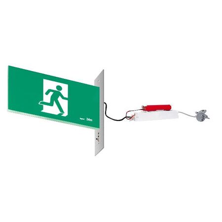 E3 LED Exit Sign - Recessed with remote gear and lithium battery - Stainless steel wall plate on the right - Single Sided - Running man straight - Galaxy
