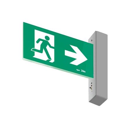 E3 LED Exit Sign - Surface with gear and lithium battery - Stainless steel wall plate on the right - Single Sided - Running man right - Galaxy
