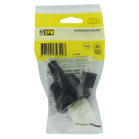HPM 10A Rear Entry Cord Extension Socket Black