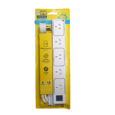 HPM Standard 5 Outlet 175J Surge Protected Wide Spaced Powerboard White