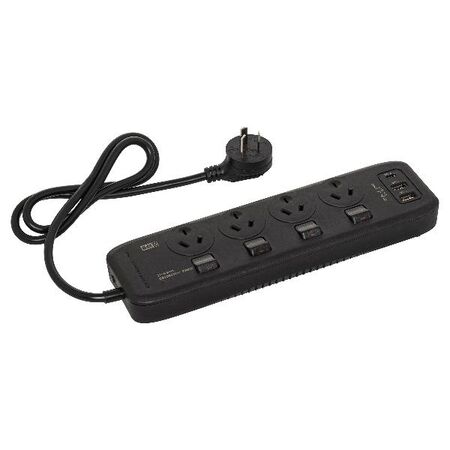 HPM General Purpose 4 Outlet USB Type A+A+C Charging Switched Powerboard Black